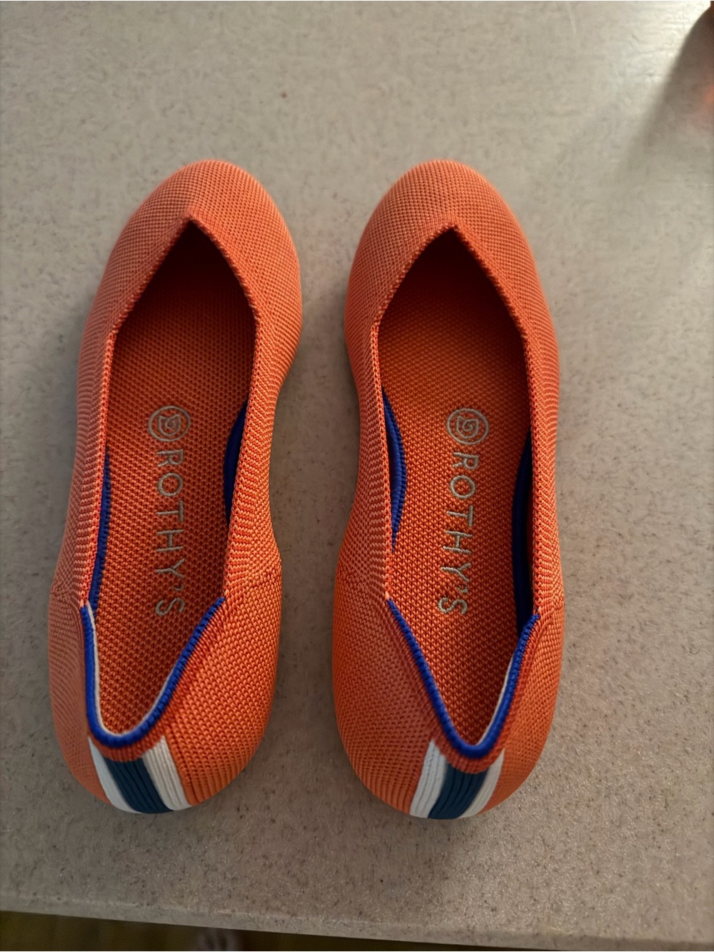 New WOT- Rothy's Orange Knit Slip-On Flats with Blue-White Heel Stripe